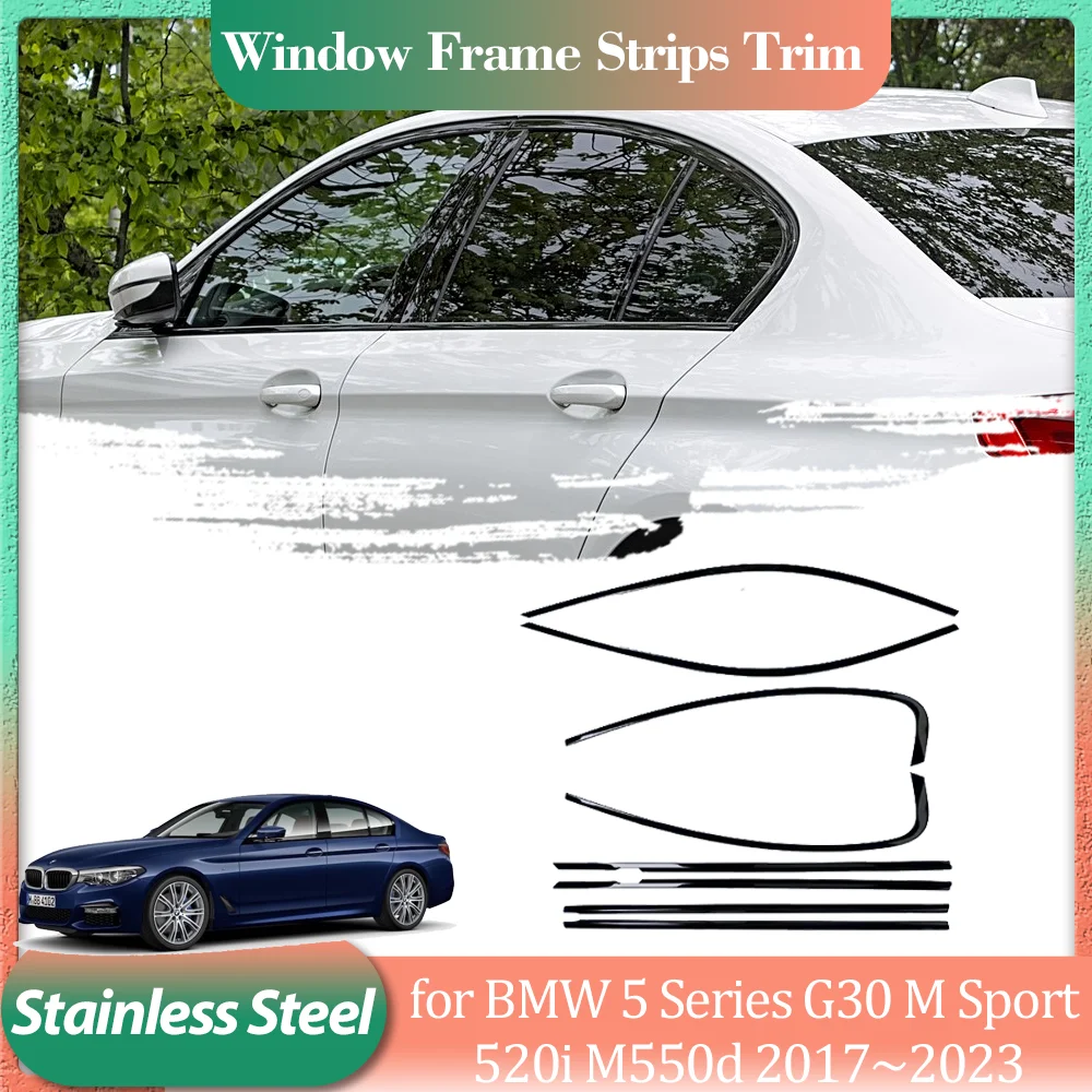 for BMW 5 Series G30 M Sport 520i M550d 2017~2023 Silver Black Stainless Steel Car Door Window Frame Window Sill Trim Accessorie
