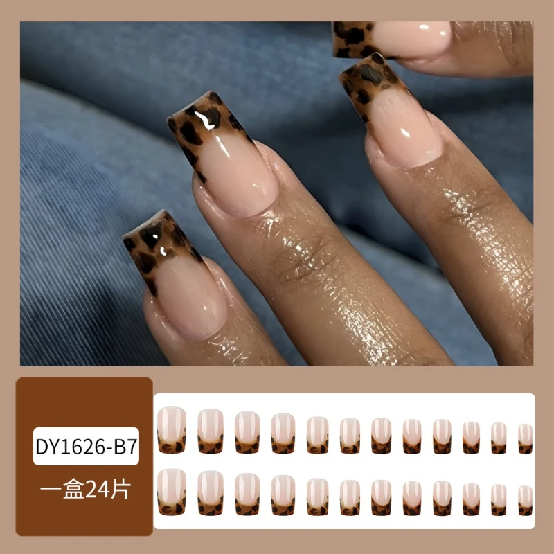 24Pcs Fake Nails Leopard Print French Tips Euro-Style Square ShapeMedium Length Press-On Nail Perfect Gift for Girls and Friends