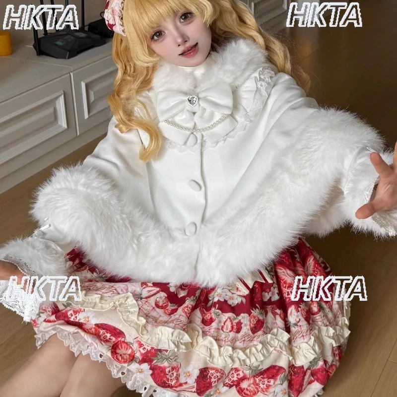 Japanese New Sweet Kawaii Lolita Cape Plush Coat Cute Cartoon Lace Bow Pearl Rhinestone Loose Hooded Jacket White Capes Women
