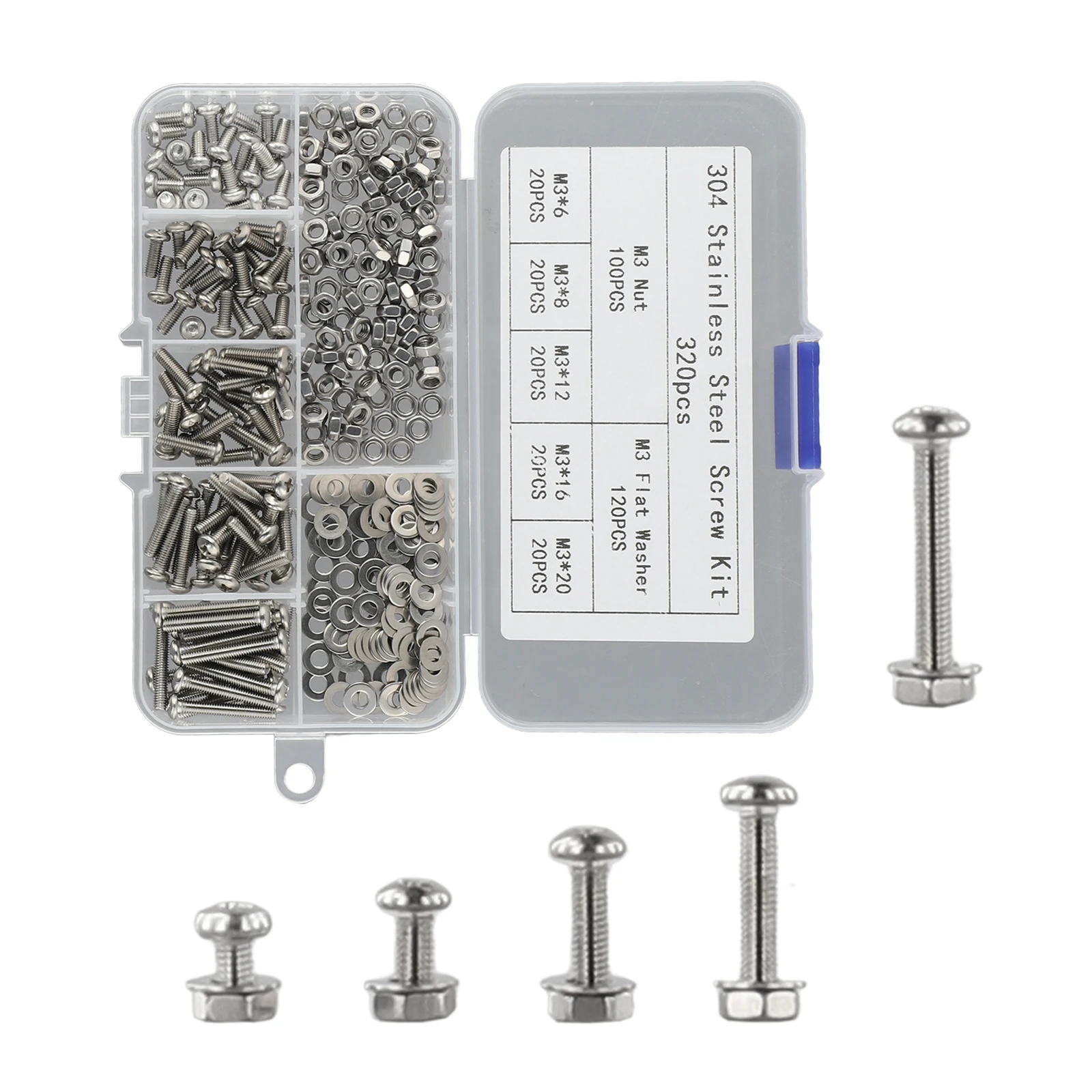 320pcs 3mm Stainless Steel Hexagon Screws Bolts Nuts and Washers Kit for General Purpose Use in Residential Commercial Settings