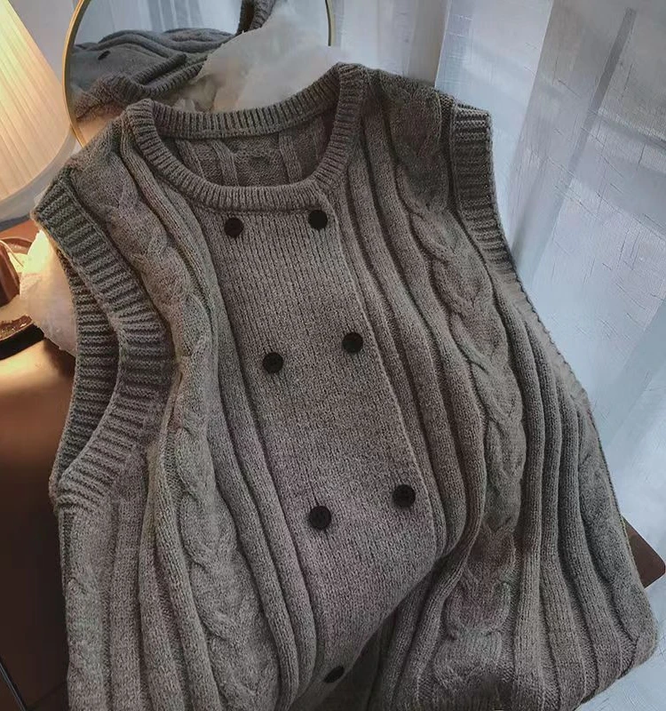 Women's Knitted Twisted Sweater Vest Cardigan Autumn Winter New Style round Neck Double Button Regular Length Other Material