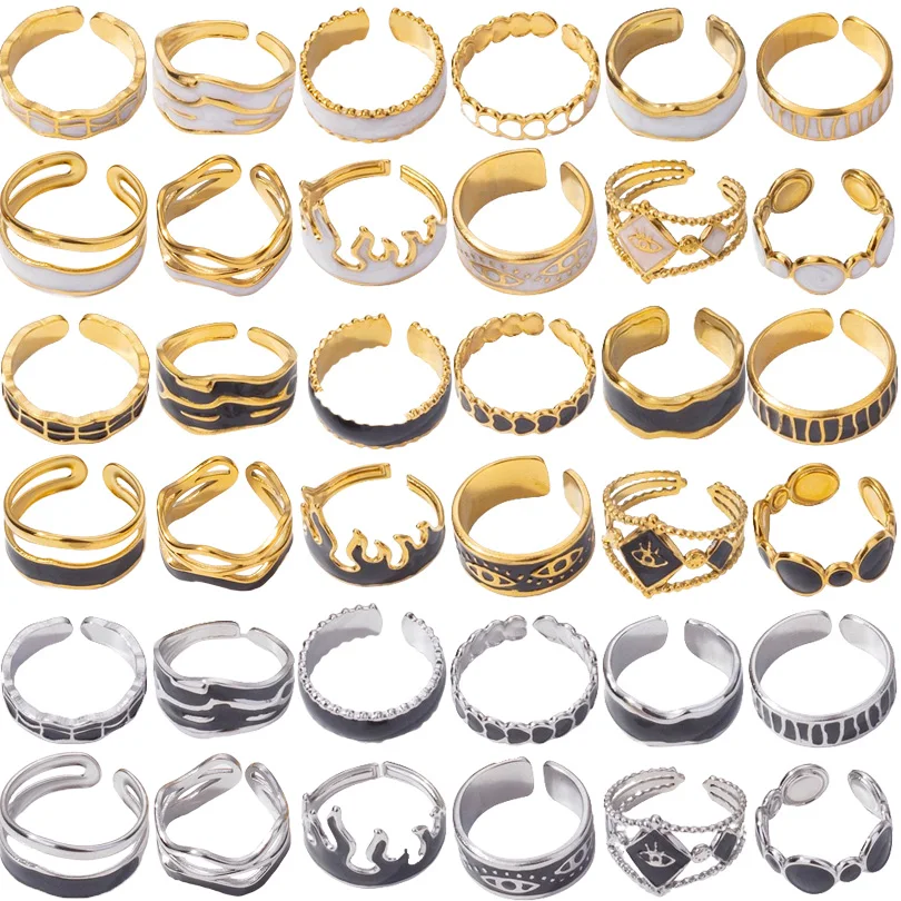 Chic Luxury Black White Enamel Golden Rings Stainless Steel Open Adjustable Knuckle Rings Jewelry Gifts For Women Girls Party
