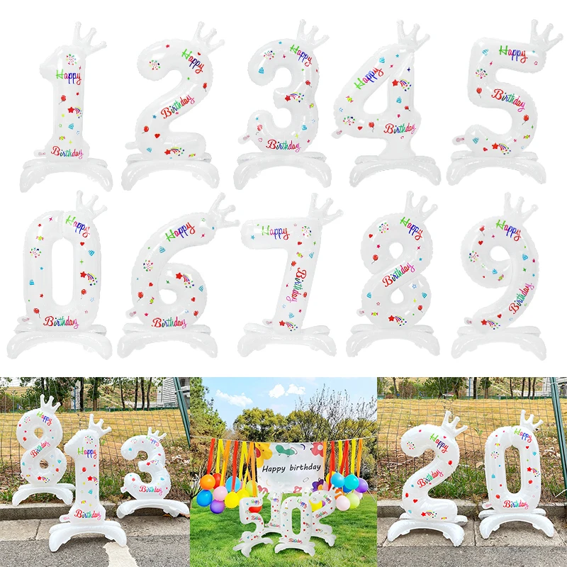 

32 Inch Crown Printing White Stand Number Balloons 0-9 Digital Foil Balloons Birthday Wedding Party Decoration Baby Shower Decor