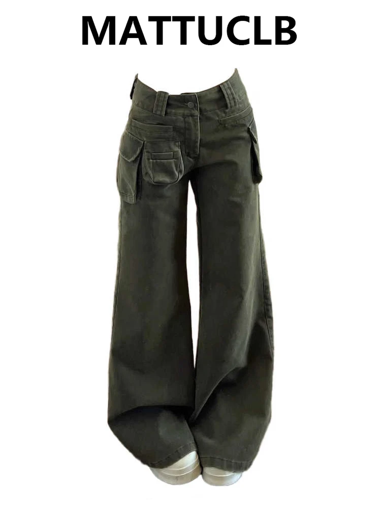 

Women's American Retro Baggy Low Rise Cargo Jean Design Denim Pants Korean Y2K Cowboy Japanese Punk Harajuku Tide 2000s Chic New