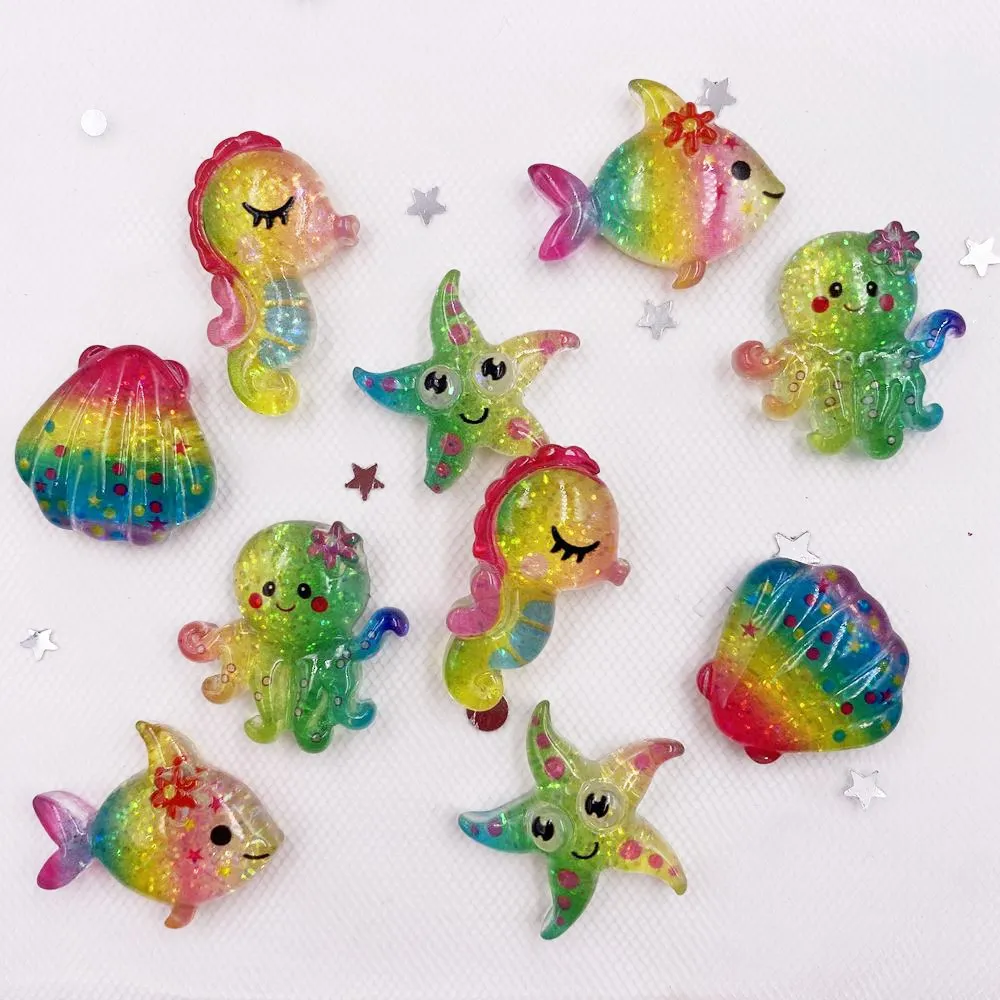 Glitter Colorful Resin Shell Starfish Fish Seahorse Squid Ocean Animal Flatback Cabochon Scrapbook DIY Accessory Decor Figurine