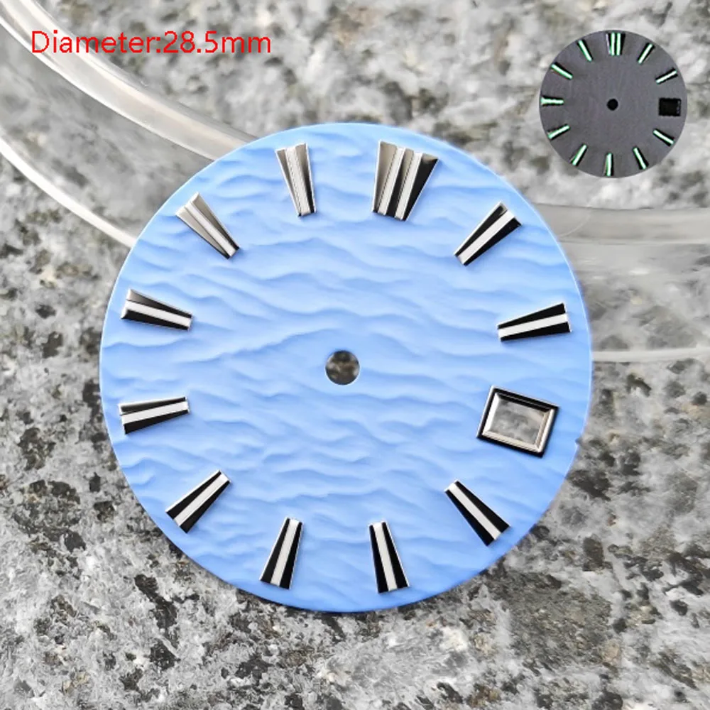 28.5 ミリメートル NH35 ダイヤルグリーン発光リップルパターンダイヤル NH35 自動ムーブメント時計アクセサリーに適したロゴをカスタマイズすることができます