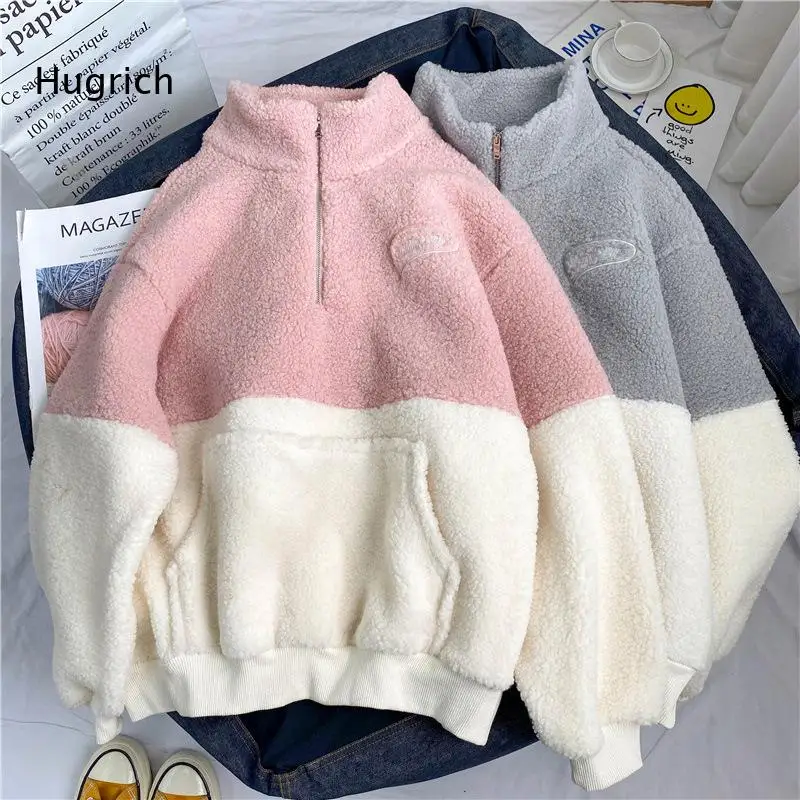 Sudadera de forro polar con media cremallera y bloques de color para mujer, corte holgado, manga larga, cálida para invierno, estilo casual urbano, rosa, gris, azul marino.