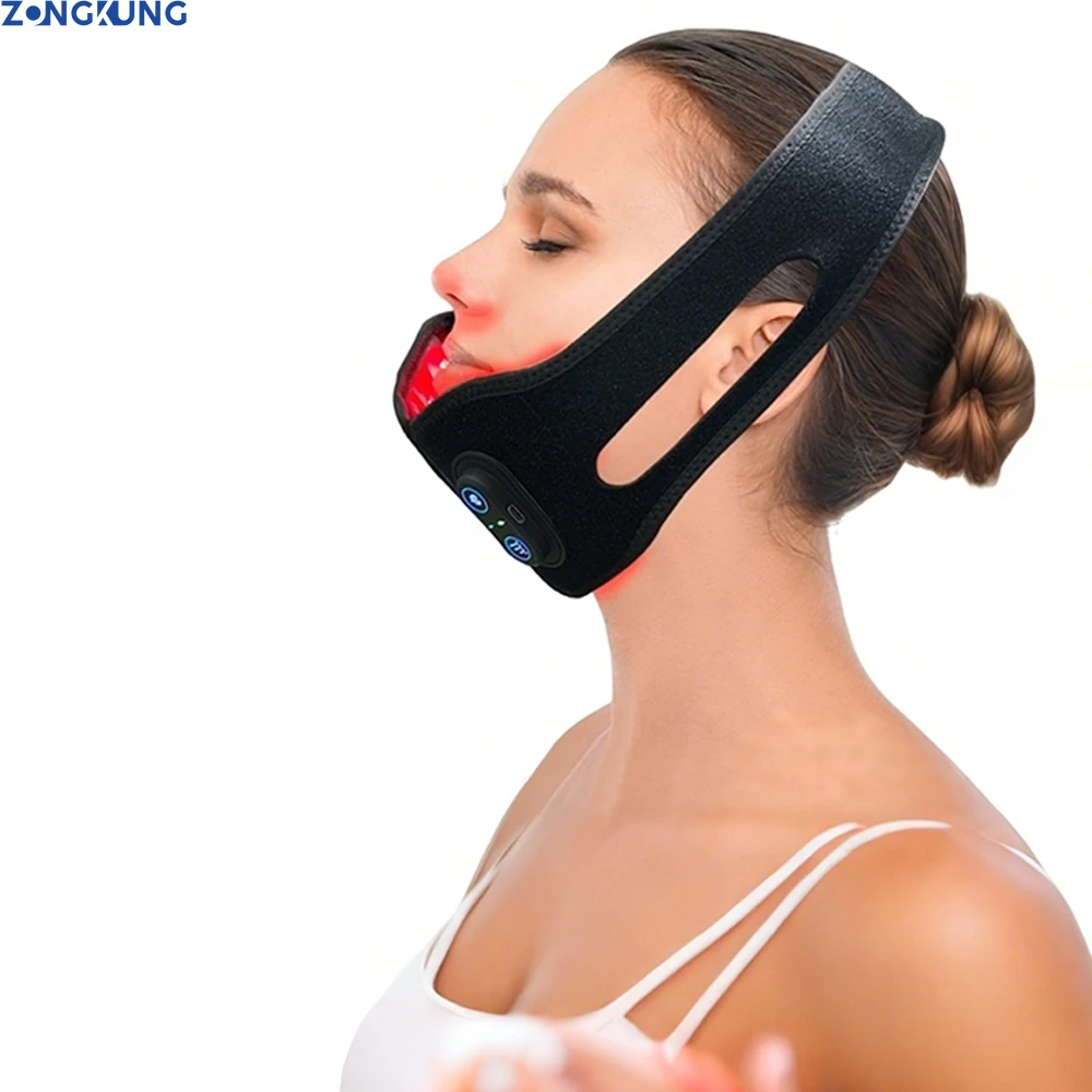 赤色と赤外線光（660nm、850nm）生地製顎・首用家庭用温熱ベルト、リフティング・引き締め効果、首の痛み緩和、スキンケア