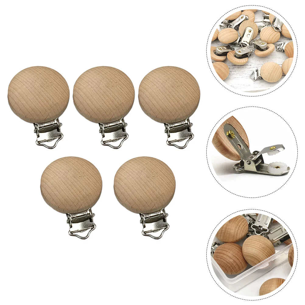 5 Pcs Wooden Pacifier Clip for Baby Chain Soother Clips Infant Suspender Alloy Toddler