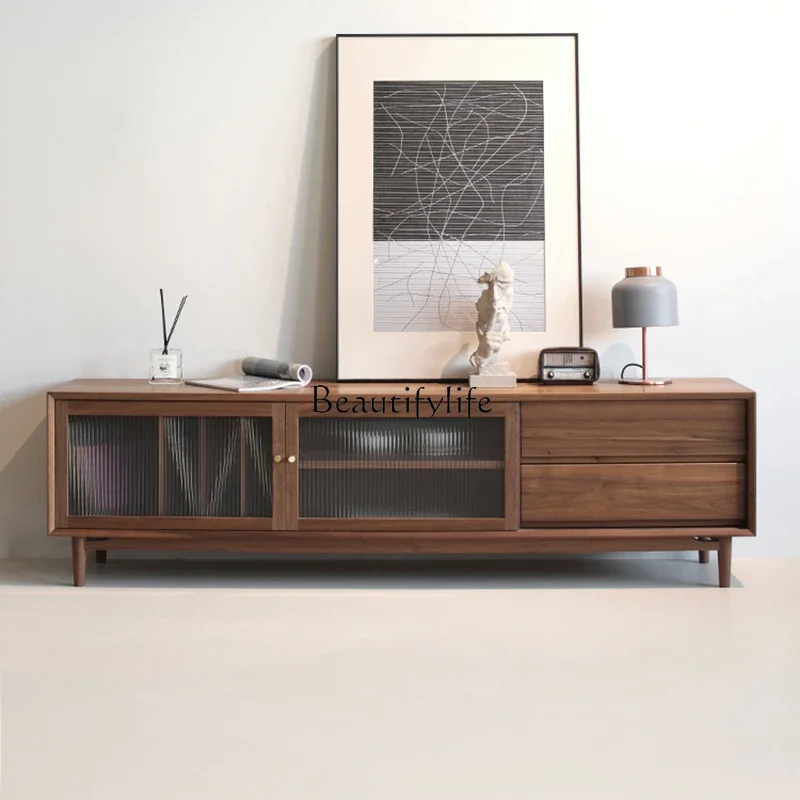 Nordic floor-to-ceiling solid wood TV cabinet living room simple modern glass storage locker integrated