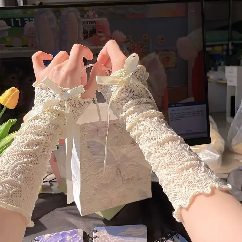 Lace Ruffle Y2k Gloves Fingerless Gloves Mittens JK Lolita Kawaii Women Mesh Fishnet Bowknot Black White Gloves Fashion Lolita