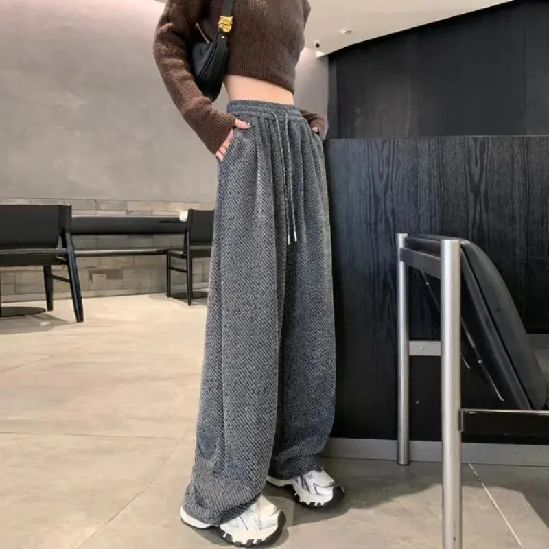Women Chenille Striped Wide Leg Pants Shiny Thread Draped Floor Length Lazy Corduroy Casual Trousers Autumn Winter