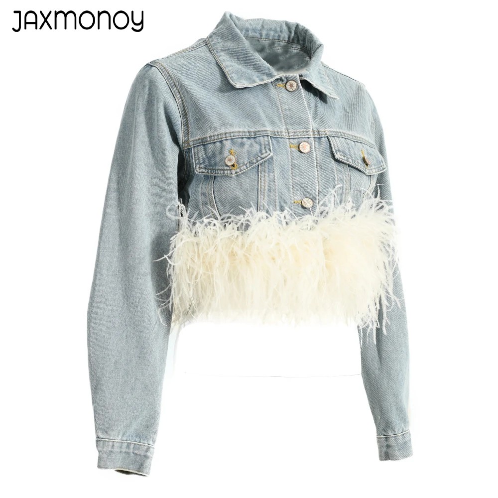 Jaxmonoy Women's Denim Jacket With Real Ostrich Feather 2023 Spring Fashion Blue Denim Coat Autumn Ladies Full Sleeves Jacket