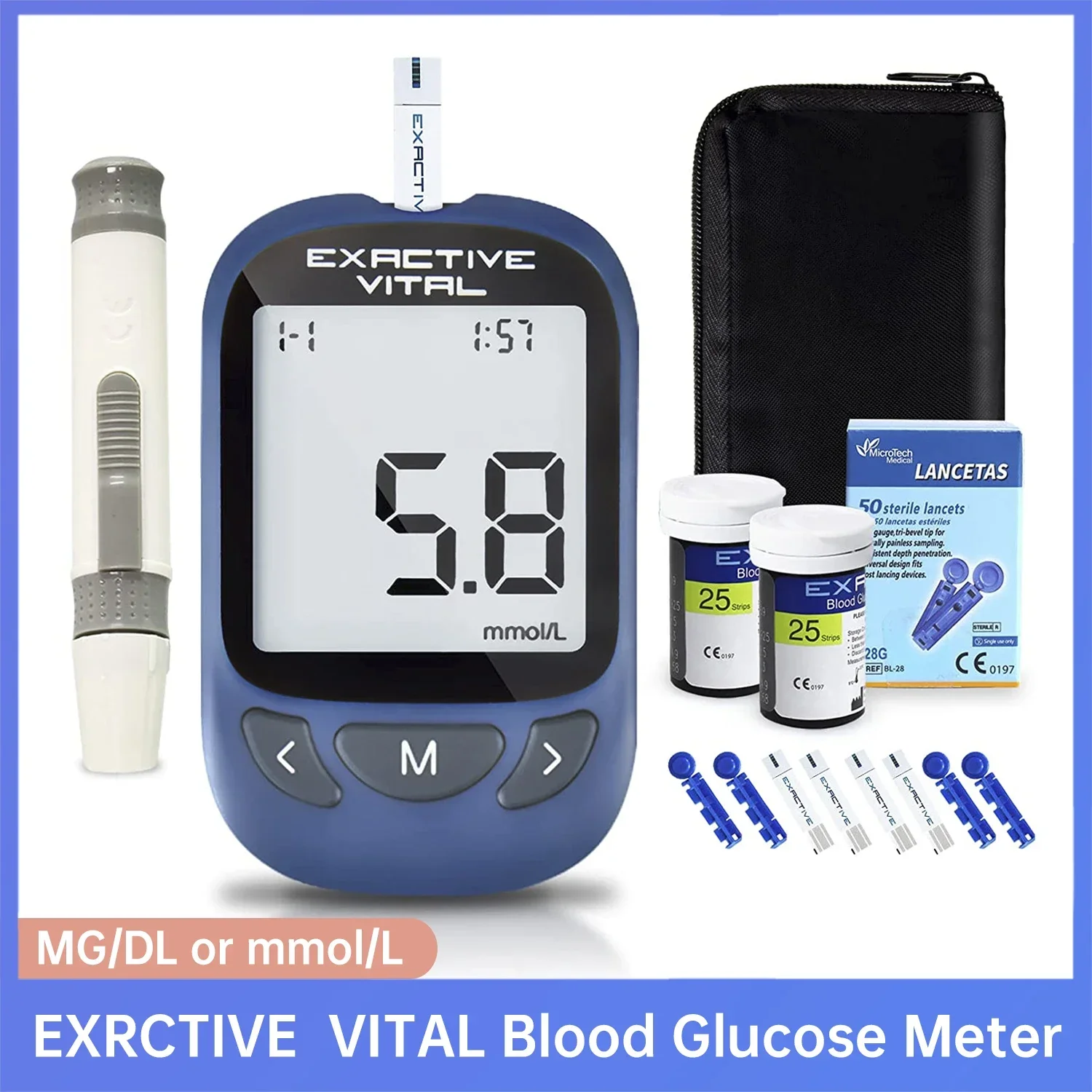Kits de prueba de glucosa en sangre con 50 tiras reactivas y 50 lancetas Unidad de medición mmol EXACTIVO VITAL