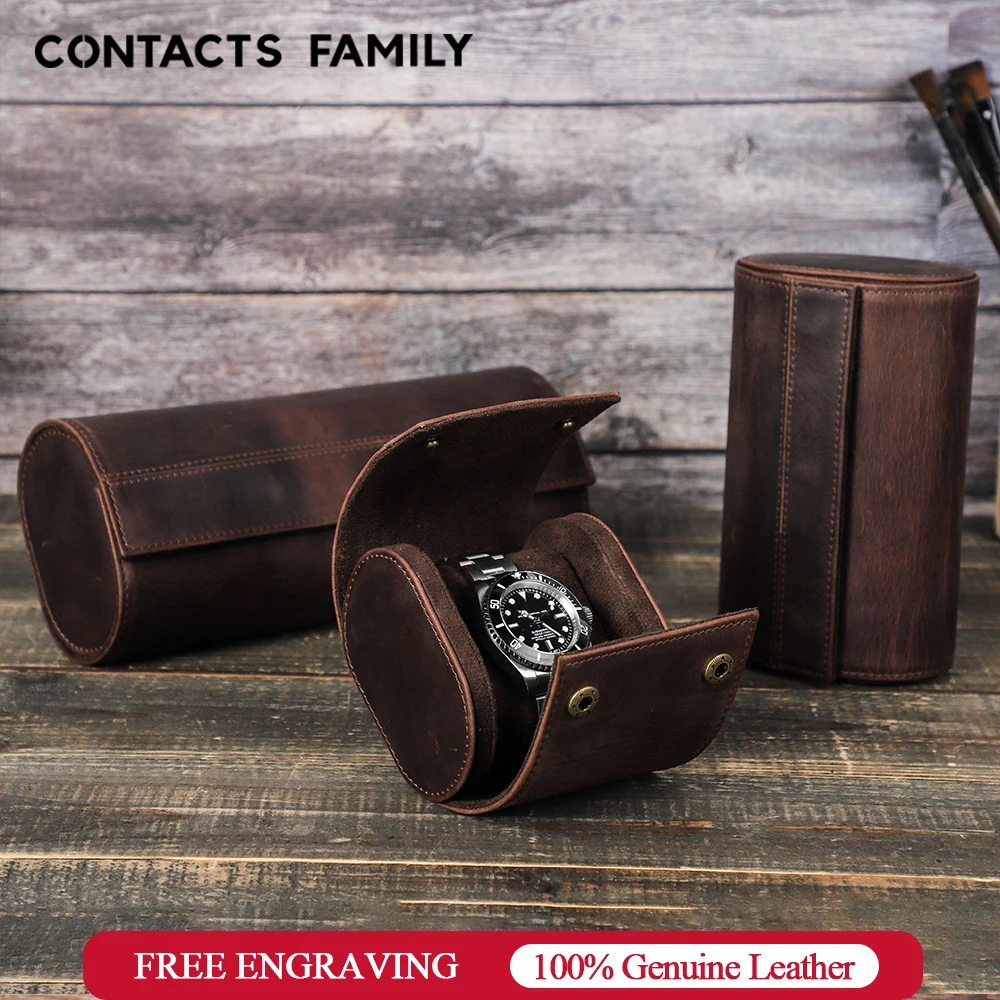 CONTACT'S FAMILY Crazy Horse Leather 2 Slots Watch Roll Case Portable Vintage Style Watch Holder Travel Jewelry Pouch Organizer