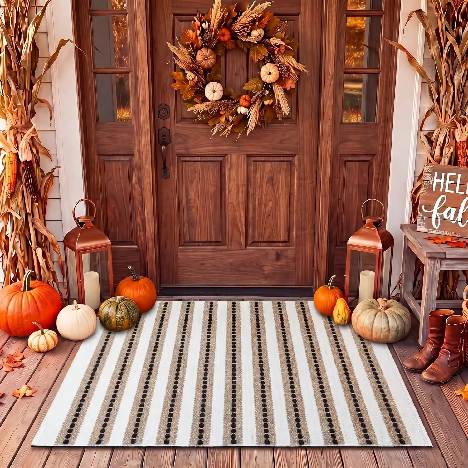 Khaki Black And White Striped Carpet Autumn Doormat, Suitable For Outdoor Entrance Farmhouse Doormat On The Front Porch, Washable Neutral Carpet, Suitable For Autumn Home Decoration Layered Appearance Halloween Decoration Doormat
