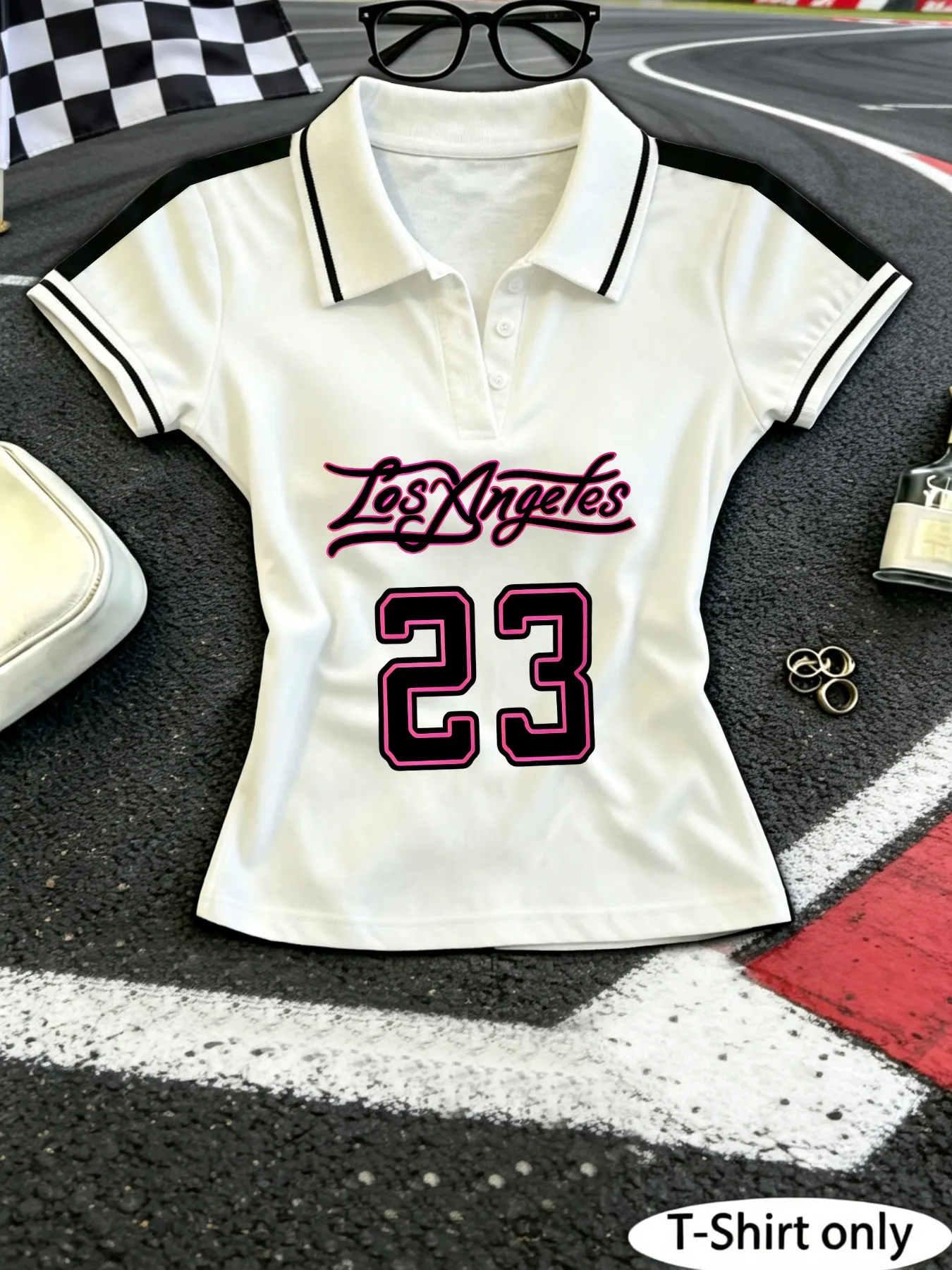 Women Y2K Cropped Polo Shirt, Los Angeles 23 Number Print Short Sleeve, Contrast Stripe Slim Top for Daily Street Sports Casual