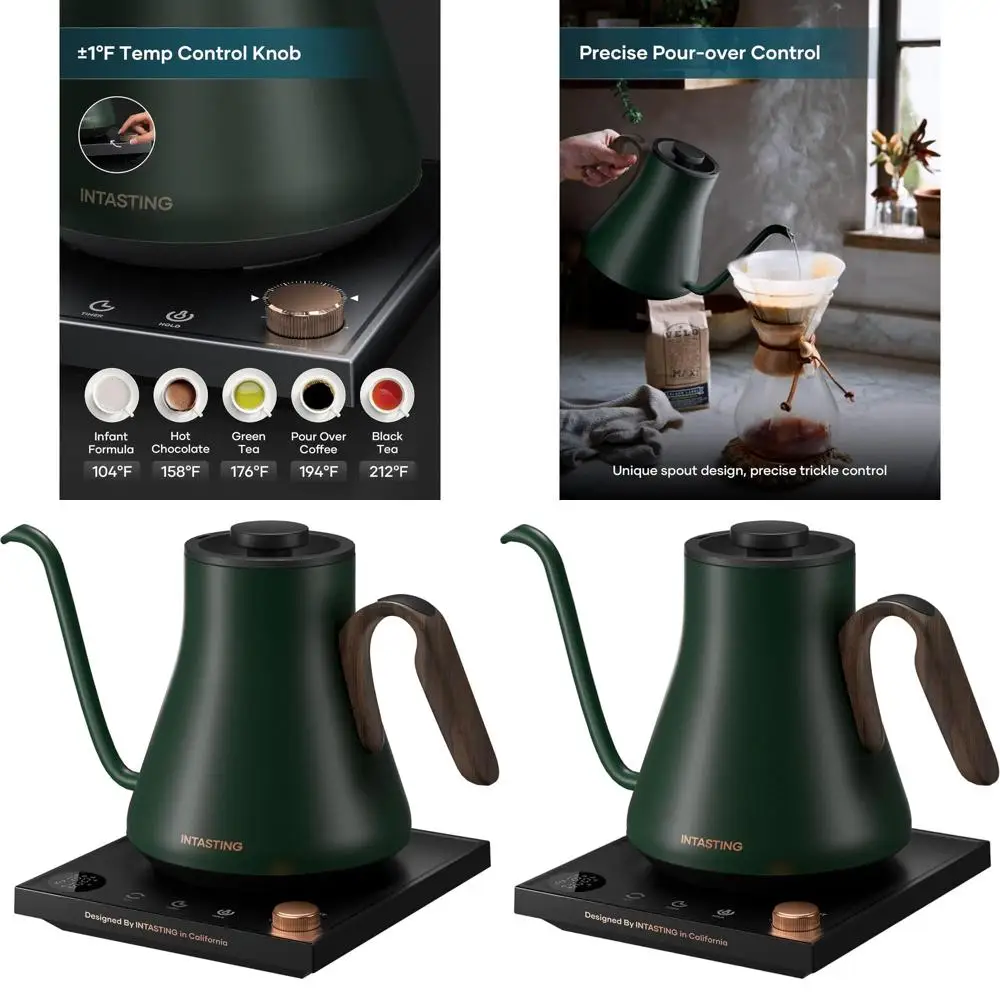 

Stainless Steel Gooseneck Kettle with ±1°F Temperature Control, 0.9L Capacity, Quick Heat for Coffee and Tea (Forest Green)