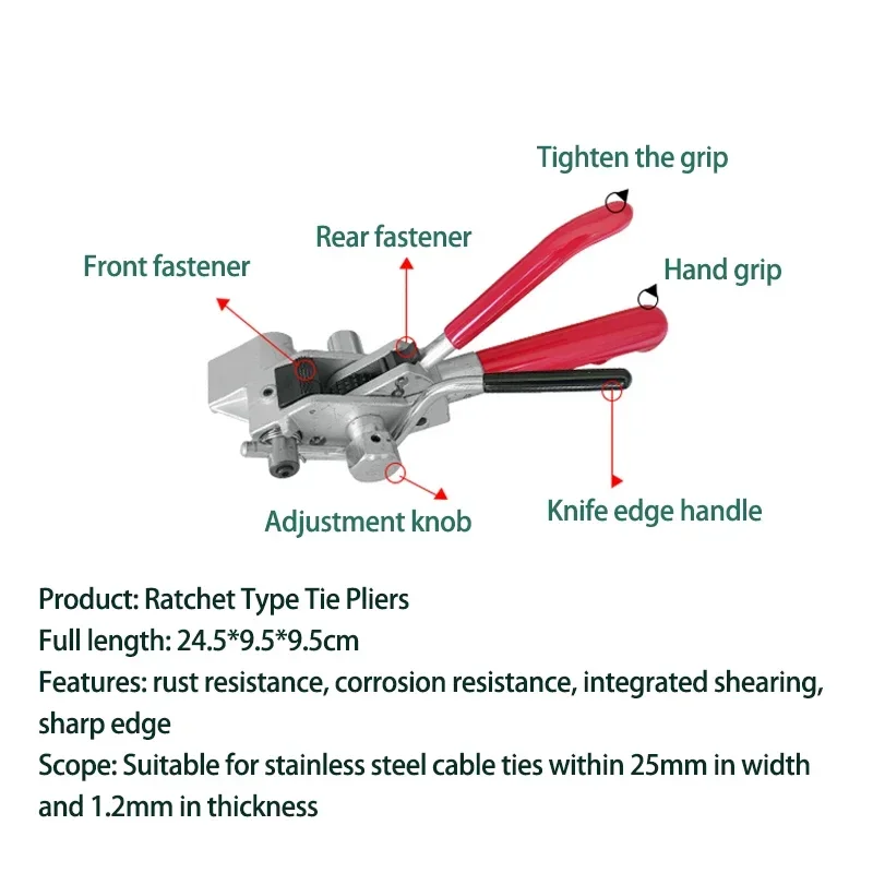 Stainless Steel Cable Tie Gun Fasten Tool for Crop Width 25mm Thickness 1.2mm Tighten Hand Tool Cutting Tension Multi-Purpose