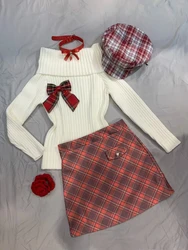 Autumn Winter Solid Knit 2-piece Set Women High Street Bow Long Sleeve Off Shoulder Sweater Women + Plaid Thin Short Skirt Suit