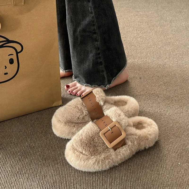 Curly Wool Fur Slippers Women Winter Shoes Ladies Fleeces Sandalias Warm Plush Slides Belt Buckle Fluffy Mules Female Pantuflas