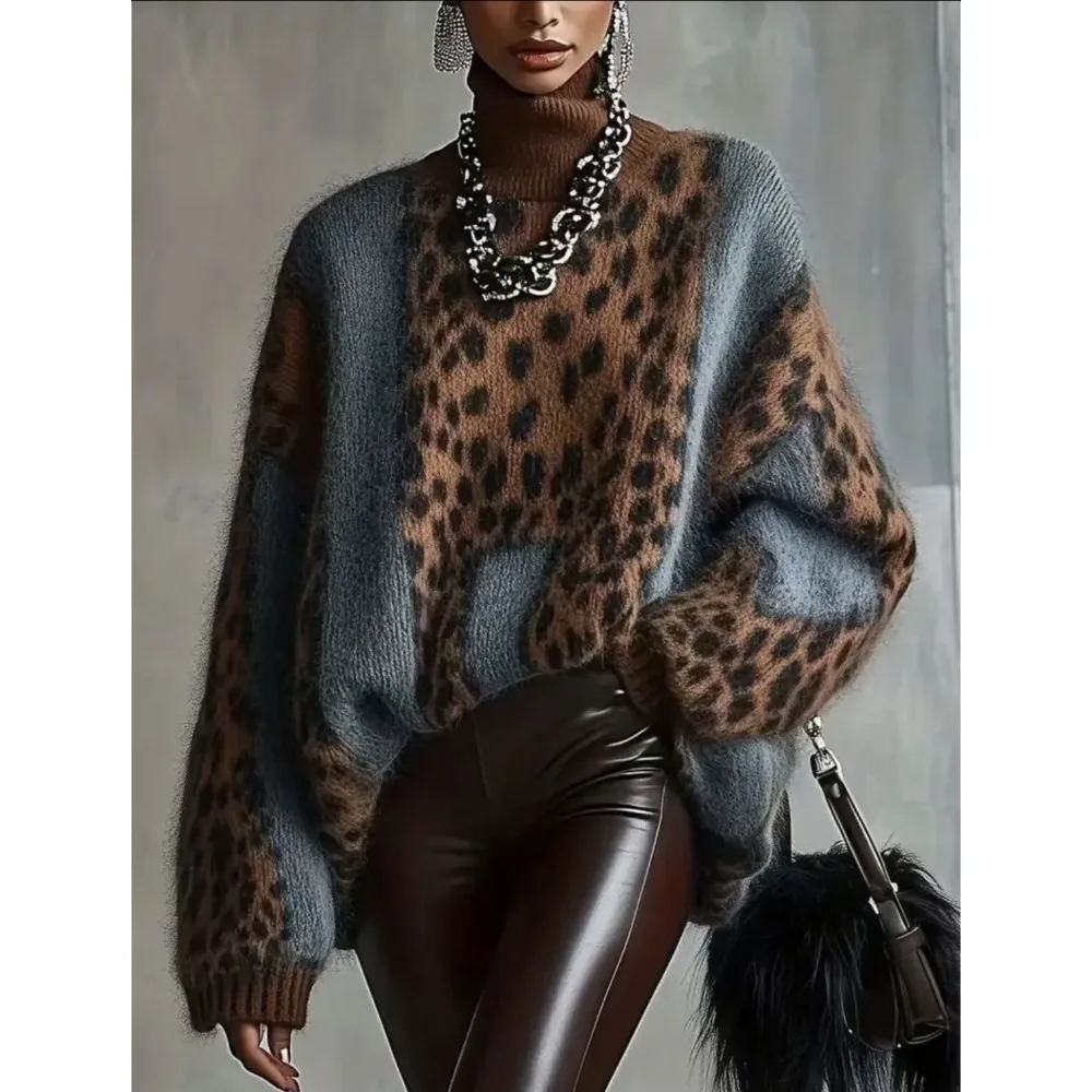 Lazy Style Leopard Print Knit Sweater for Women in Autumn and Winter, Thick Outerwear,trendy Loose Retro Patchwork Top for Women 5