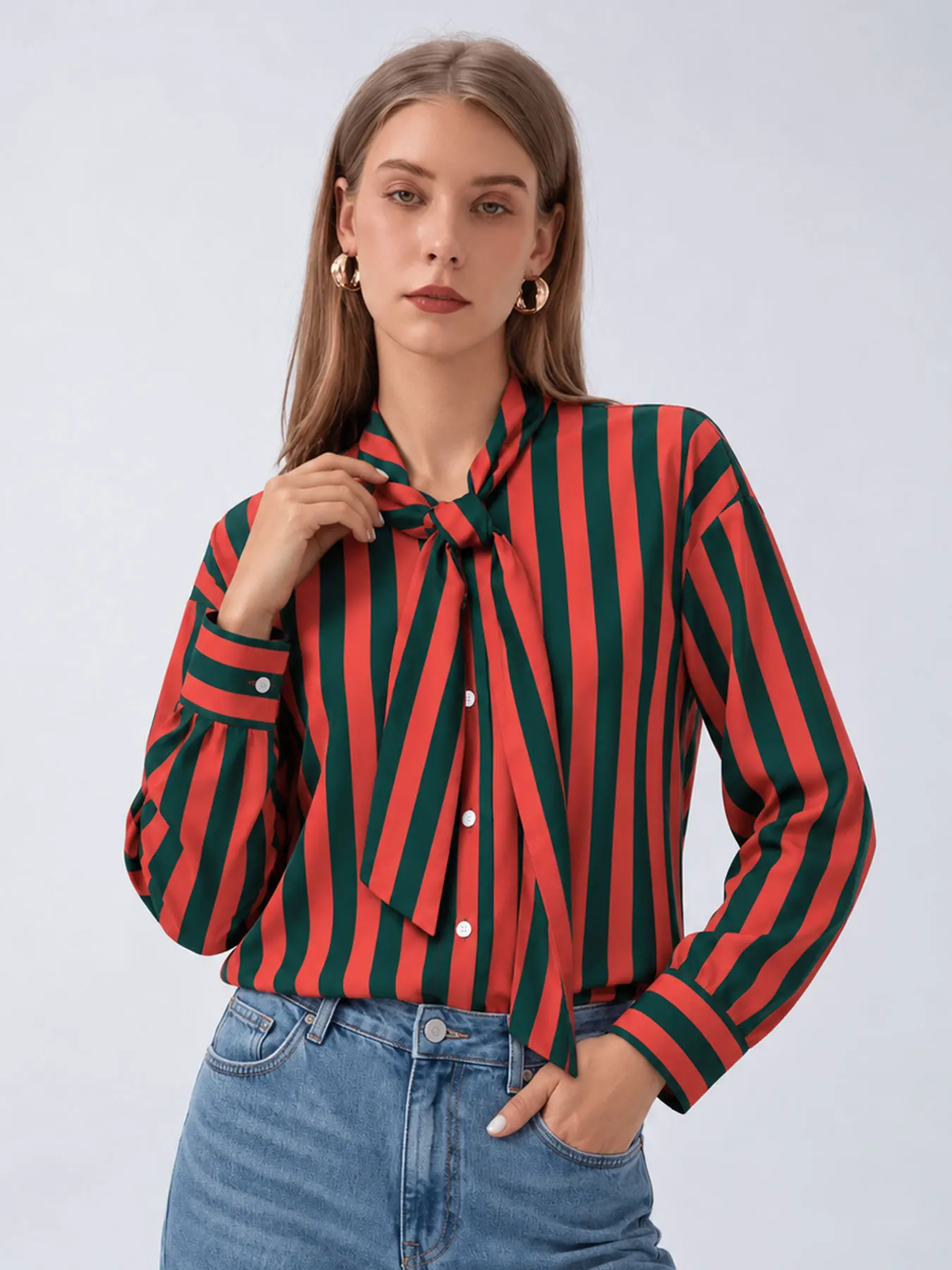 HH Female Vertical Stripe Single Breasted Shirt Tie Neck Long Sleeve Loose Blouse Casual Party Fashion Autumn Vacation Tops
