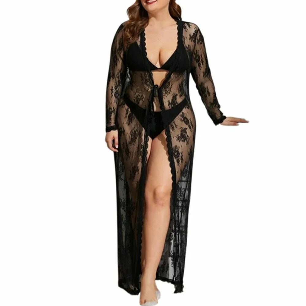 Sexy Pajamas Black Lace Cover Up Women Mesh See Through Night-robe Female Plus Size Long-Sleeve Nightdress Sleepwear 5XL