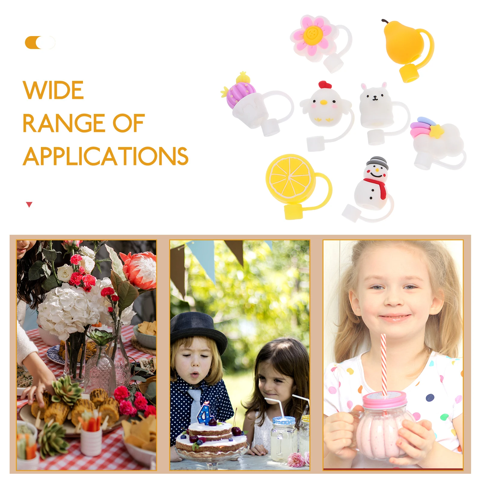 

8pcs Dust-proof Straw Covers Cute Caps 8mm Silica Gel White Flowers Yellow Chicken Clouds Alpaca Santa Lemon Cactus Pear Party