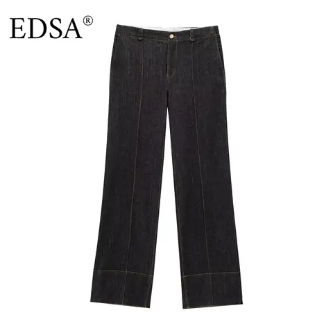 EDSA Dam Svart Denimbyxset Figurnära Skjorta med Påsfickor Pintuck Raka Jeans Långbyxkostym 12 best sales Zara 2-delat set - №7