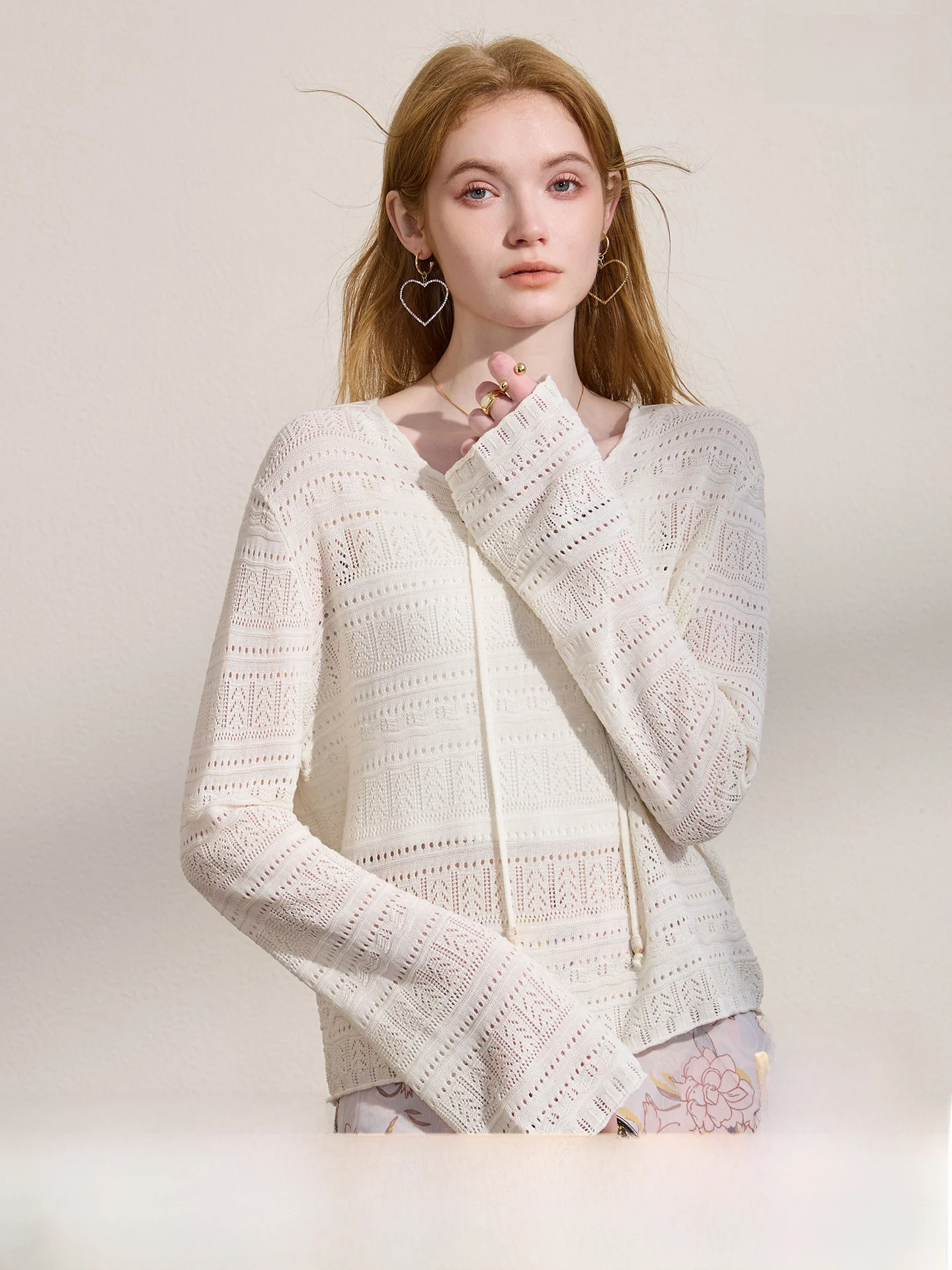 SEREN Reticulate Knitted Hollow out Long Sleeve V-Neck Tunic Top with Belt Casual Loose Fit Soft Lenzing Linen Women's Fashion