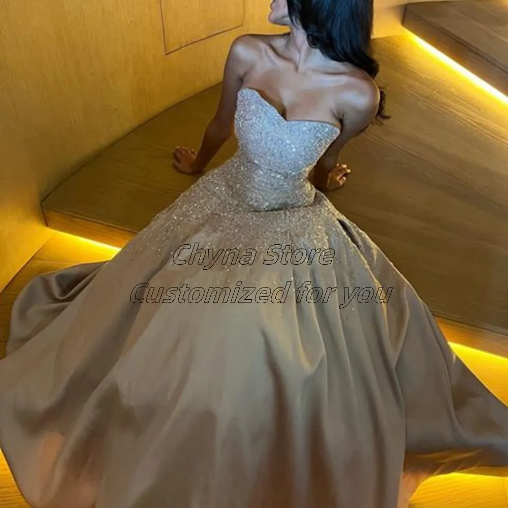 2023 Beadings Sequins Satin Formal Party Evening Gowns  Deep Champagne Tube Top Cocktail Prom Robe De Soirée Graduation Ceremony