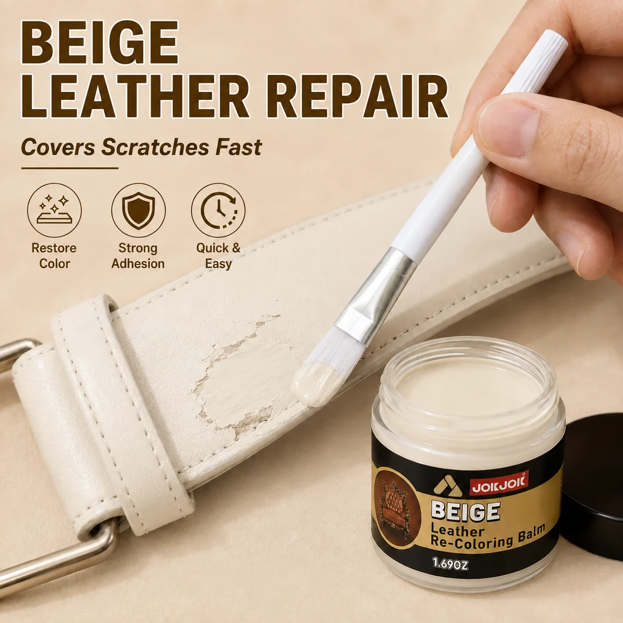 JOKJOK PU Leather Repair Balm Beige Waterproof Wear-Resistant Paste For Sofa Car Seat Shoes Scratches Cracks Quick Restore