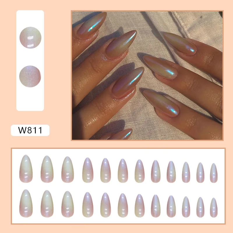 24pcs Almond Colorful Aurora Summer Long Stiletto Press on Acyrlic Nails Girl Artificial Wear Nail with Tools Simple False Nails