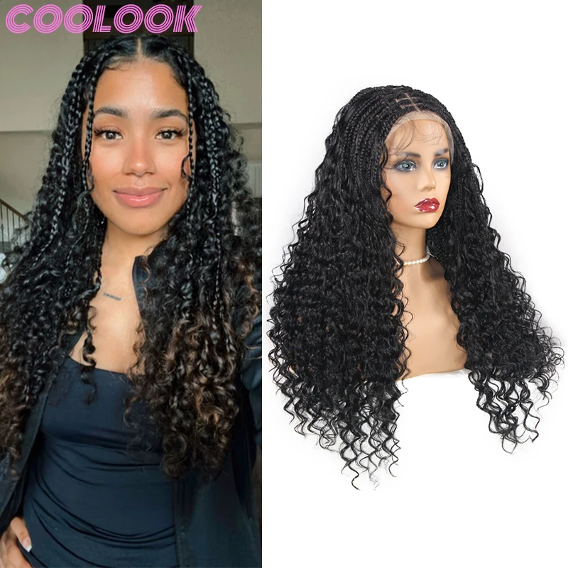 

24 Inch Black Box Braided Full Lace Wigs Bohemian Goddess Faux Locs Wigs for African Women Synthetic Box Braids Lace Frontal Wig