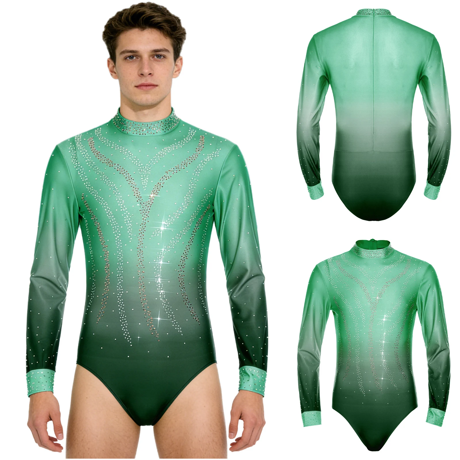 Mens Rhythmic Gymnastics Artistic Figure Skating Ballet Jersey Performance Costume Gradient Rhinestone Leotard Jumpsuit Bodysuit