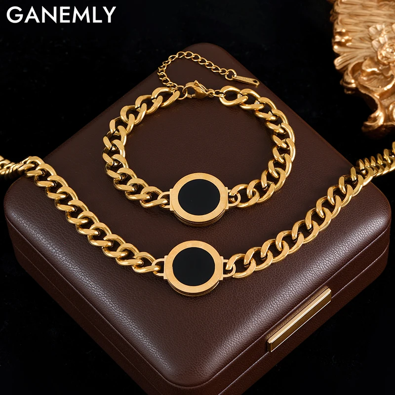 GANEMLY 316L Stainless Steel Black White Reversible Roman Necklace Bracelet Set For Women Men New Punk Thick Chain Jewelry Set