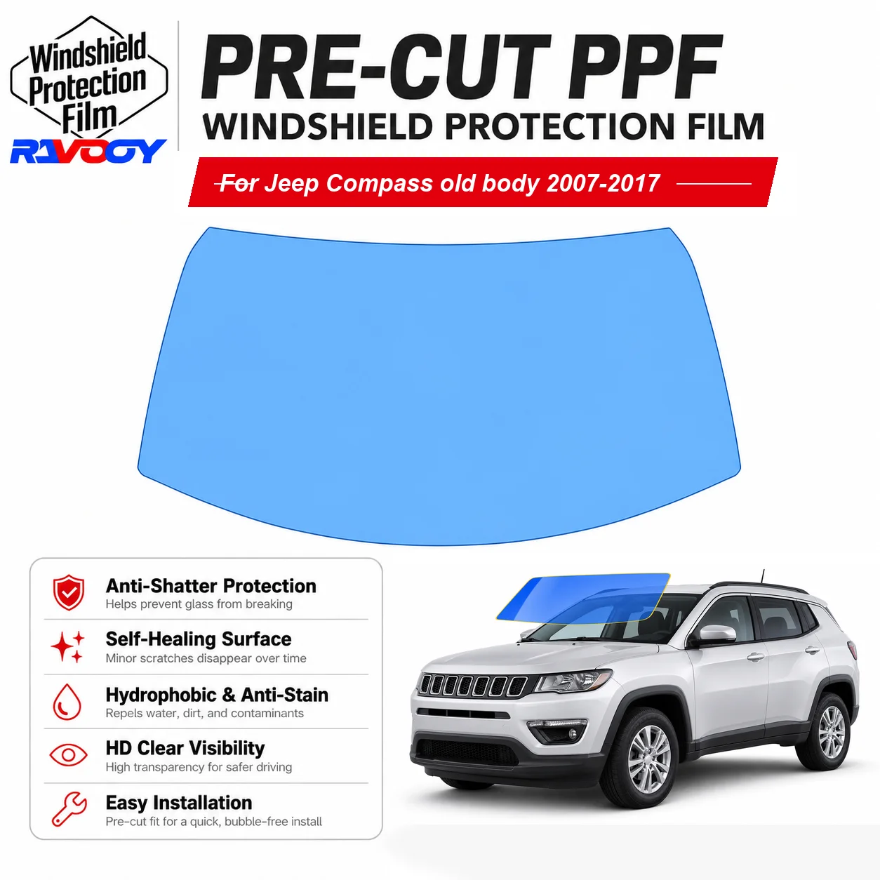 RAVOOY Pre-Cut Front Windshield Protection Film For Jeep Compass old body 4D SUV 2007-2017 6.5mil Clear TPU UV Blocking Tool Kit