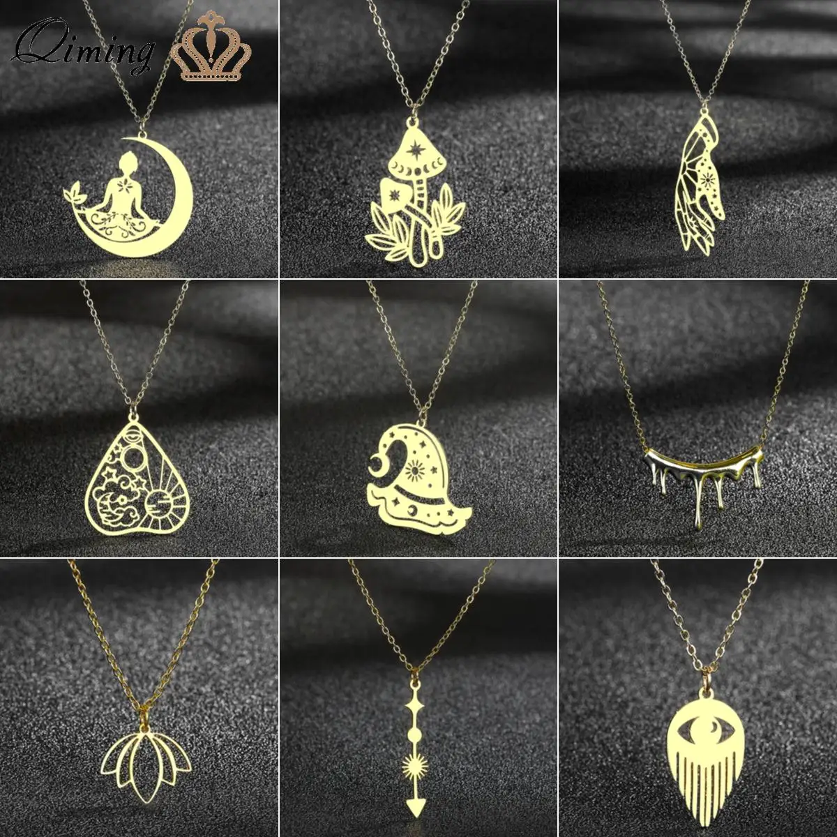 

QIMING Meditation Yoga Witch Hat Charm Necklace Vintage Stainless Steel Jewelry Tiny Fashion Penddant Necklace