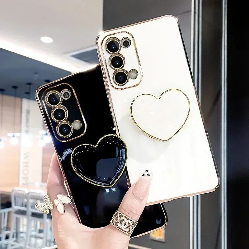 Plating Heart Holder Stand Phone Case For OPPO Reno 12 11 10 Pro 9 8 7 6 5 4 Lite 3 11F 2F 2Z 4Z 5Z 6Z 7Z 8Z 8T 4G 5G Soft Cover