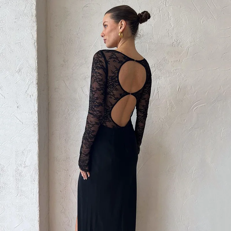 Autumn New Lace Sheer Patchwork For Women Fashion Selling Sexy Hot Girl Slit Long Dress