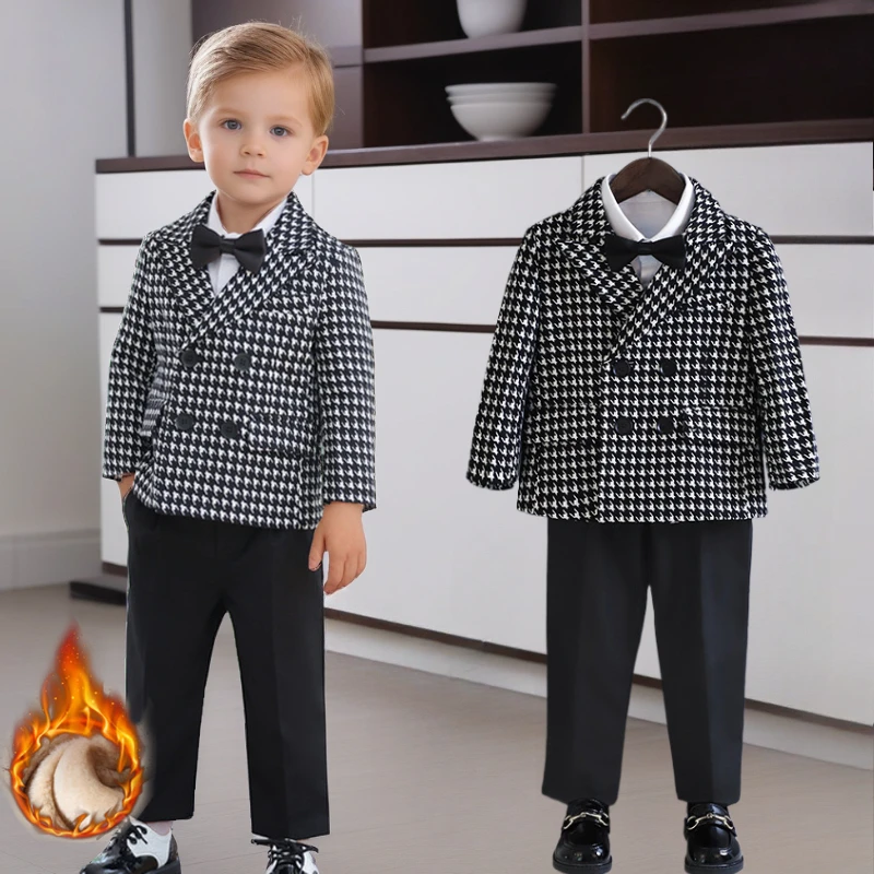 

Children Plaid Blazers Set Winter Fleece Thick Warm Suit for Boy Flower Kids Performance Costume Spring Toddler Birthday Outfits