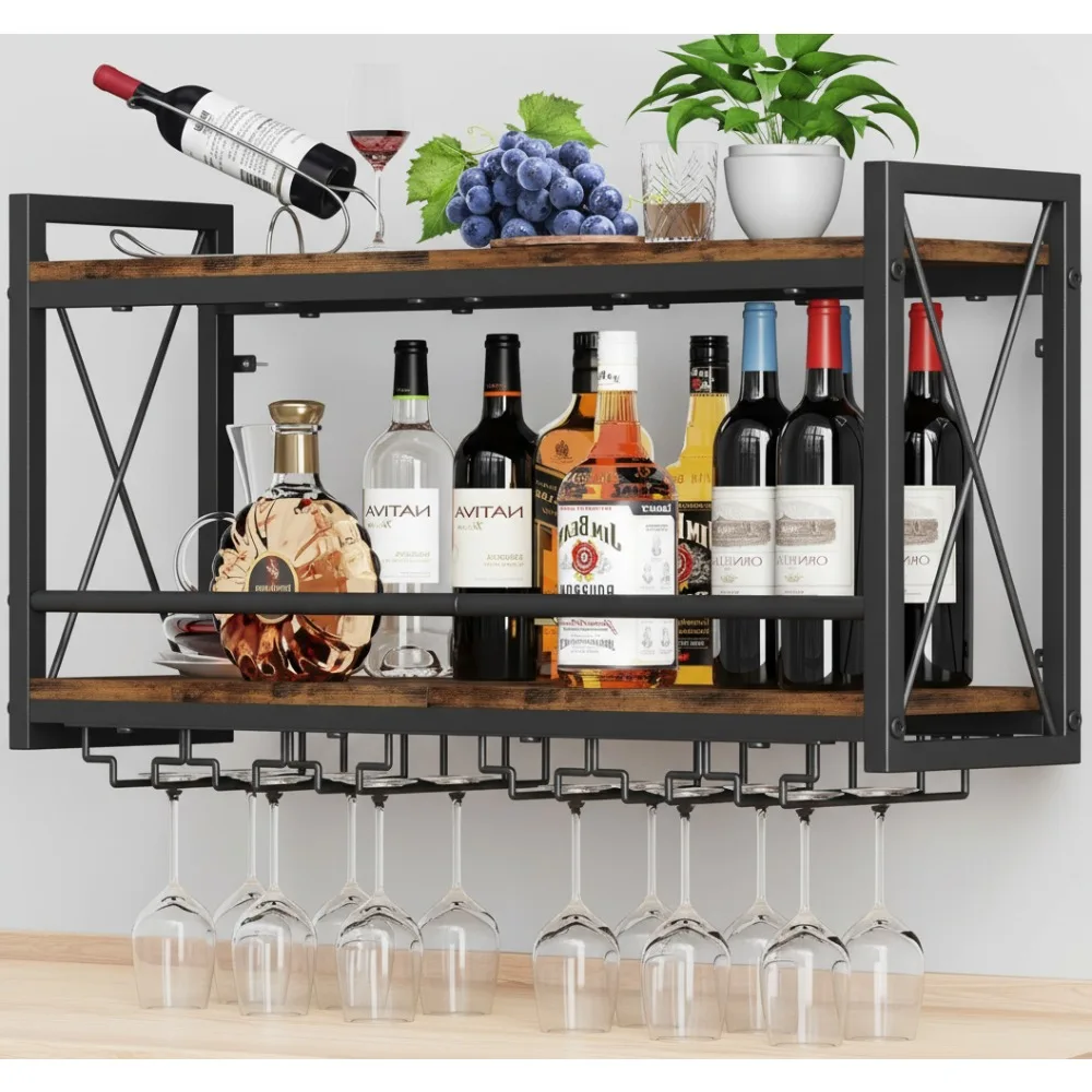 

Vintage Wall Mounted Wine Rack with Glass Holder, Wood Metal Storage Shelf for Kitchen Dining Home Bar Decor