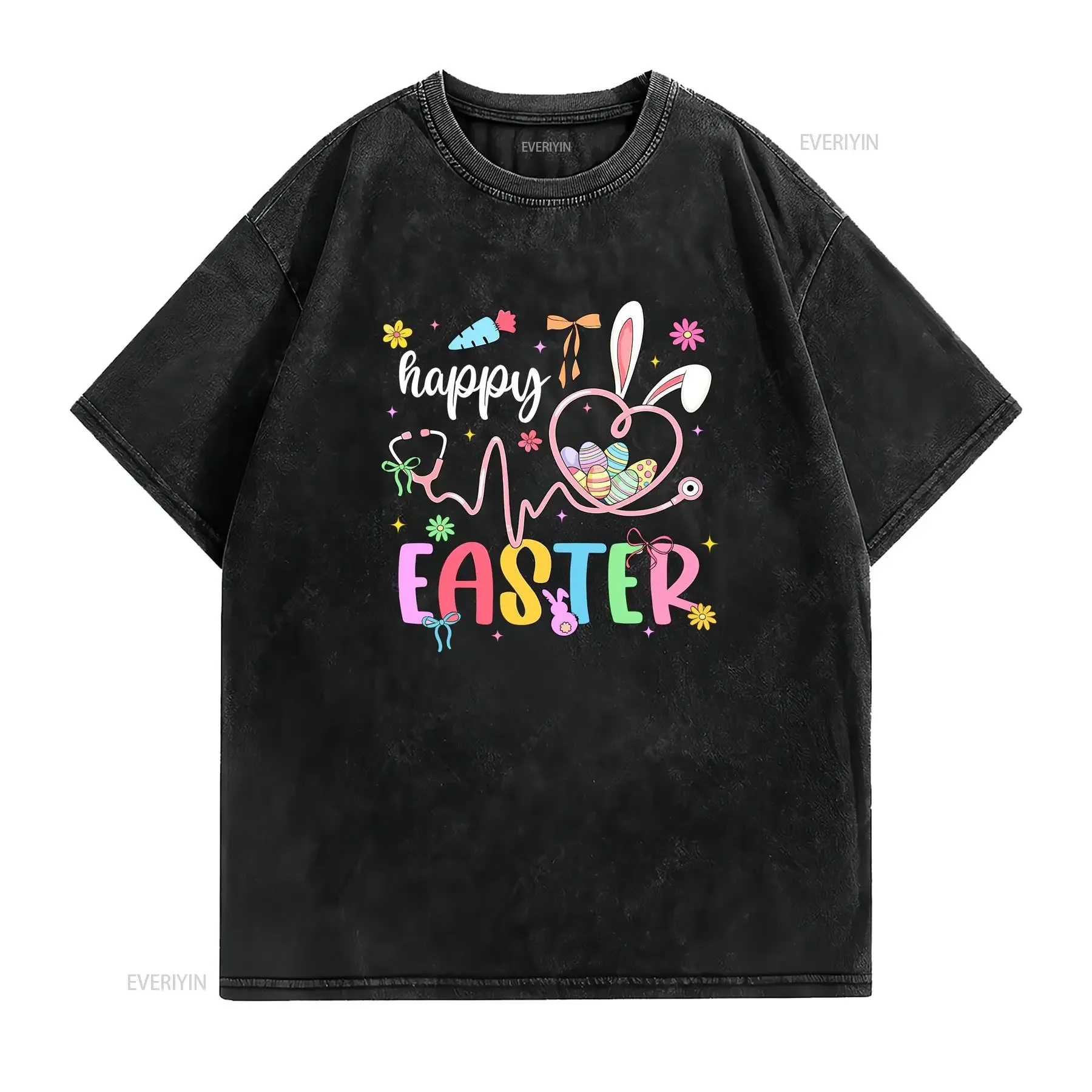 Happy Easter Day Nursing Bunny Ears Egg Nurse Stethoscope T Shirt  vintage Washed graphic designer clothes Casual homme