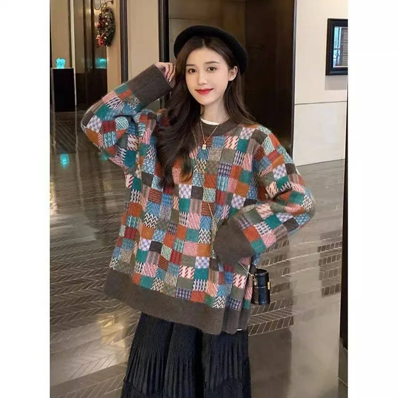 Design sense niche retro Japanese lazy style sweater contrasting color checkered loose knit sweater top