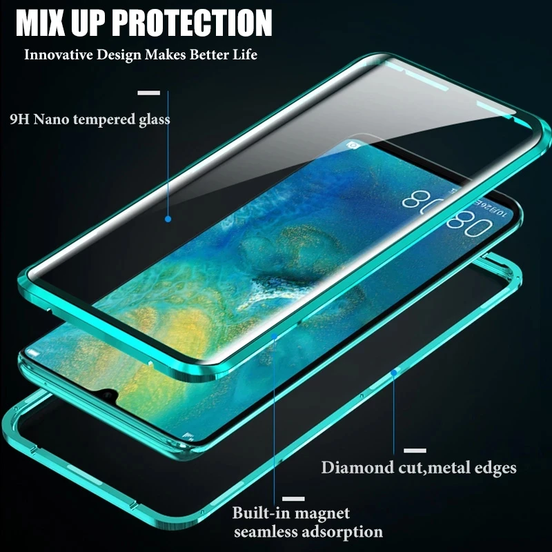 Magnetic For Huawei Mate 50 40 30 Pro Honor 60 50Pro Huawei P50 P40 P30 Pro Double Sided Glass Cover 360 Degree Metal Phone Case