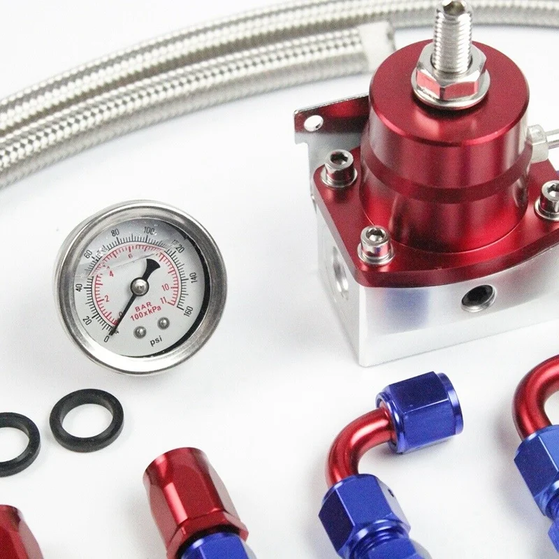 Universal Adjustable Fuel Pressure Regulator Kit with Oil Gauge 0-100 Psi-6AN Fitting End Blue-Red