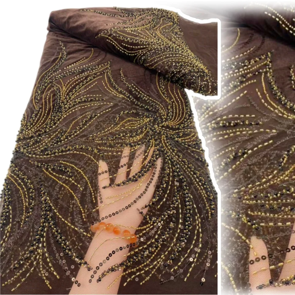 

Новый дизайн, африканская бархатная кружевная ткань с блестками, 2024, высокое качество, кружевная ткань с бисером, нигерийская невеста для свадебного платья AH1621