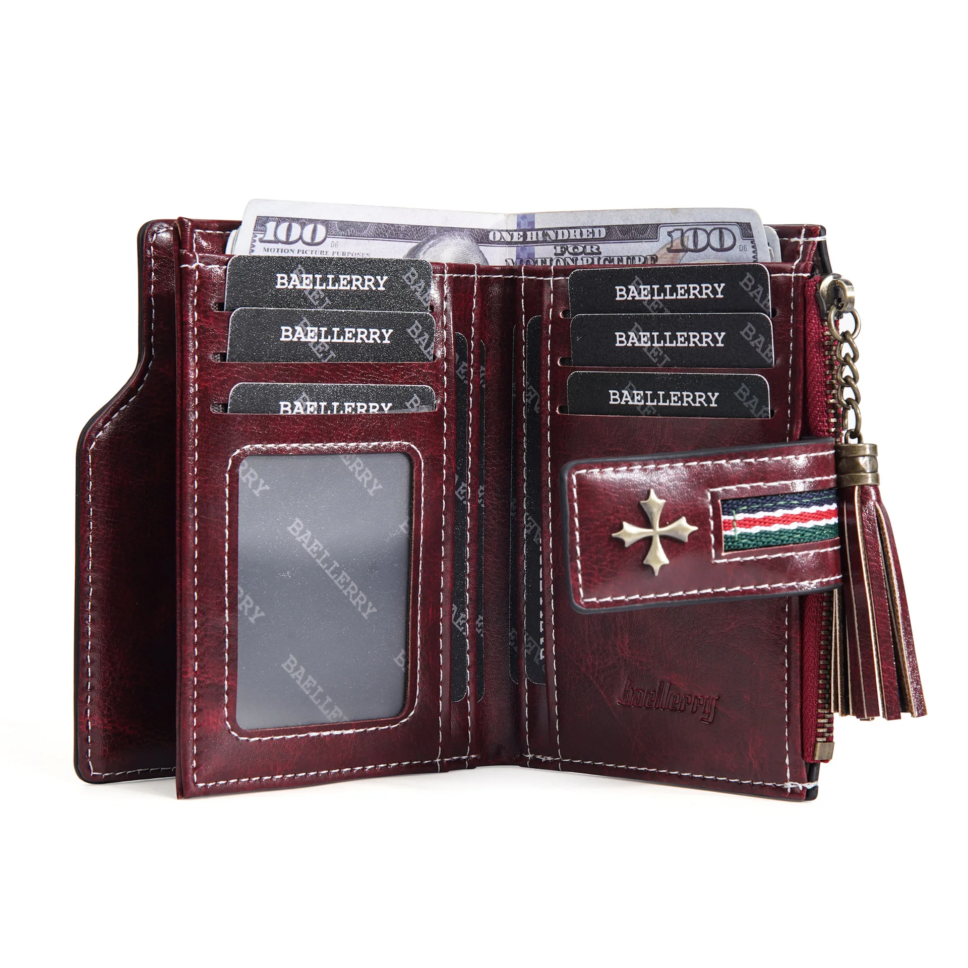 Neue PU-Damenbrieftasche mit Ölwachs-Lederquasten, Modische Dreifach Gefaltete Kurze Geldbörse, Mehrfach-Fach Reißverschluss-Münzbörse – Detail 26
