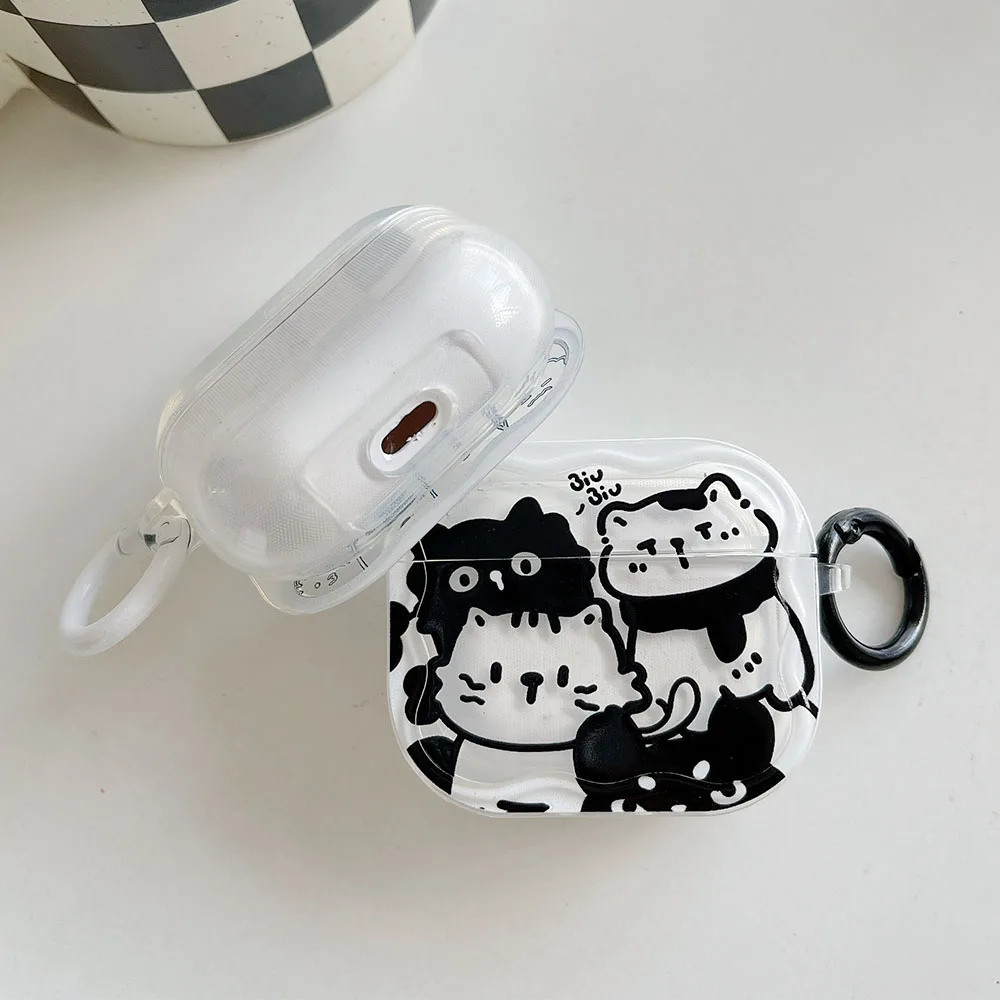 For Airpods Pro 2 Wavy Earphone Case Cartoon Cute Black White Line Stripe Cat Silicone Shell For Airpods 1 3 Transparent Headset